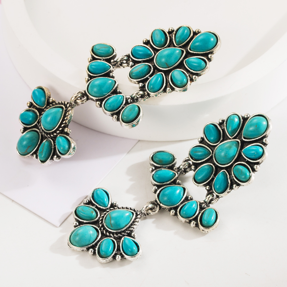 1 Pair Casual Vacation Classic Style Flower Plating Inlay Alloy Turquoise Glass Silver Plated Drop Earrings display picture 5