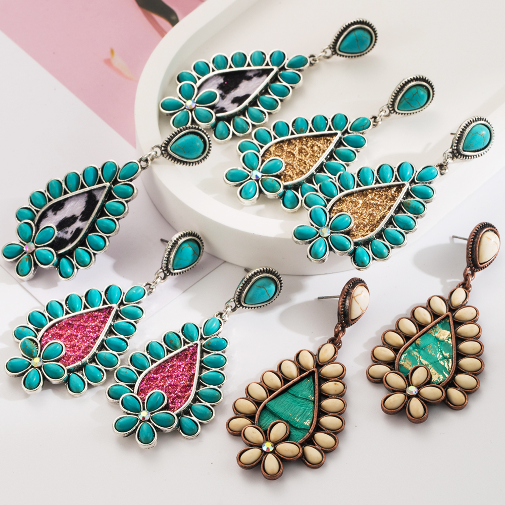 1 Pair Casual Vacation Classic Style Water Droplets Inlay Alloy Turquoise Silver Plated Drop Earrings display picture 2