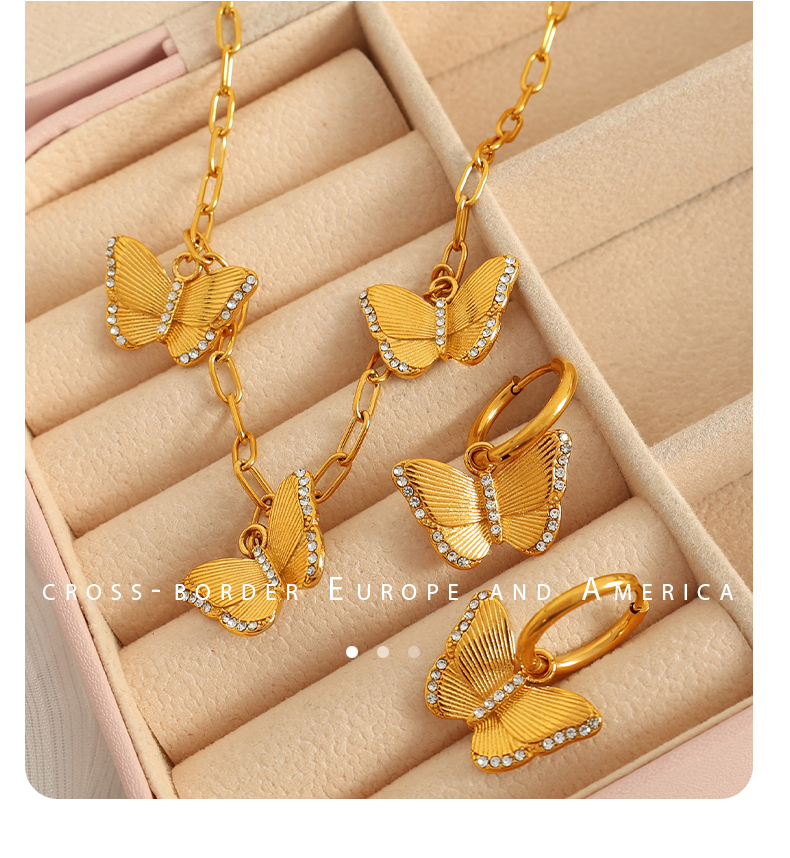 Titanium Steel 18K Gold Plated Elegant Classic Style Plating Inlay Butterfly Rhinestones Earrings Necklace display picture 10