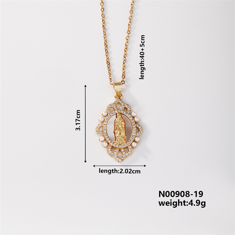 Wholesale Casual Elegant Classic Style Geometric Virgin Mary 304 Stainless Steel Copper Inlay K Gold Plated Artificial Pearls Gold White Diamond Pendant Necklace display picture 7