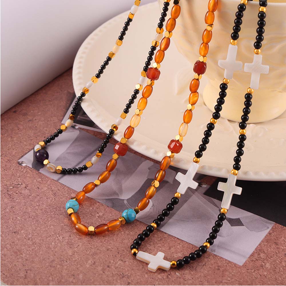 Casual Cross Round Natural Stone Titanium Steel Beaded 18K Gold Plated Unisex Necklace display picture 2