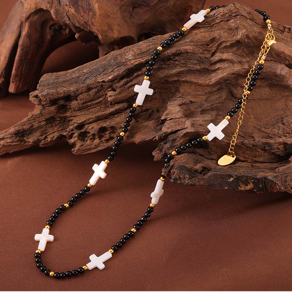 Casual Cross Round Natural Stone Titanium Steel Beaded 18K Gold Plated Unisex Necklace display picture 8