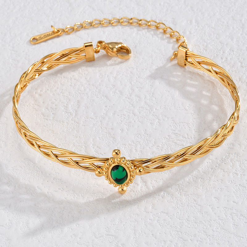Retro French Style Oval 201 Stainless Steel 304 Stainless Steel 18K Gold Plated Malachite Bangle In Bulk display picture 3