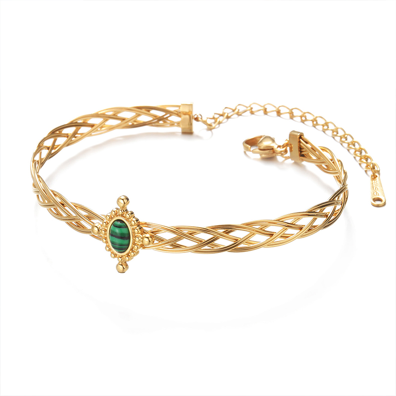 Retro French Style Oval 201 Stainless Steel 304 Stainless Steel 18K Gold Plated Malachite Bangle In Bulk display picture 4