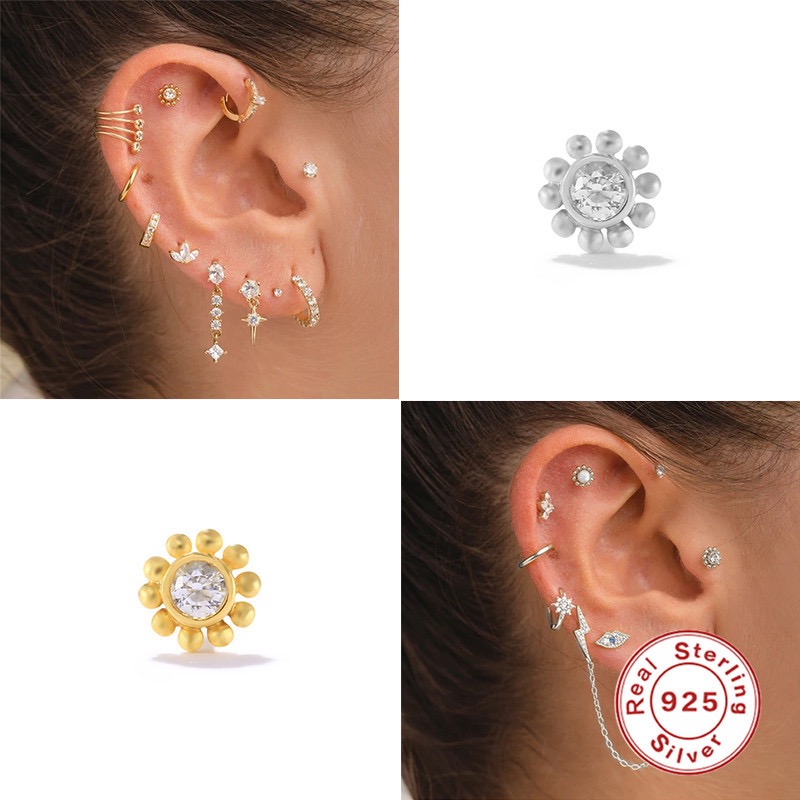1 Pair Vintage Style Simple Style Roman Style Flower Petal Inlay Sterling Silver Zircon White Gold Plated Gold Plated Ear Studs display picture 2