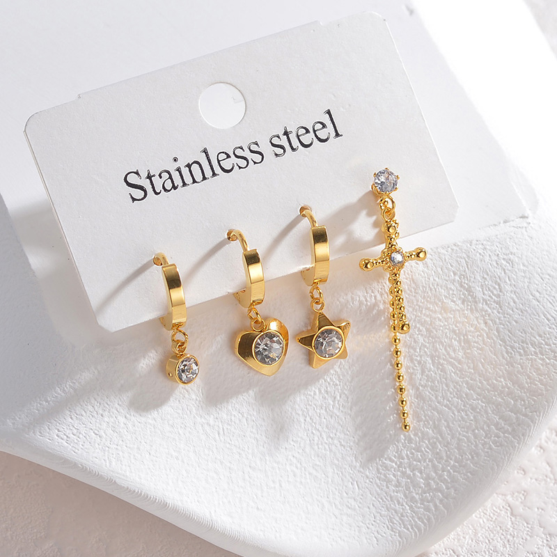 1 Set Casual Simple Style Commute Cross Star Heart Shape Plating Inlay 201 Stainless Steel 304 Stainless Steel Zircon 18K Gold Plated Drop Earrings display picture 3