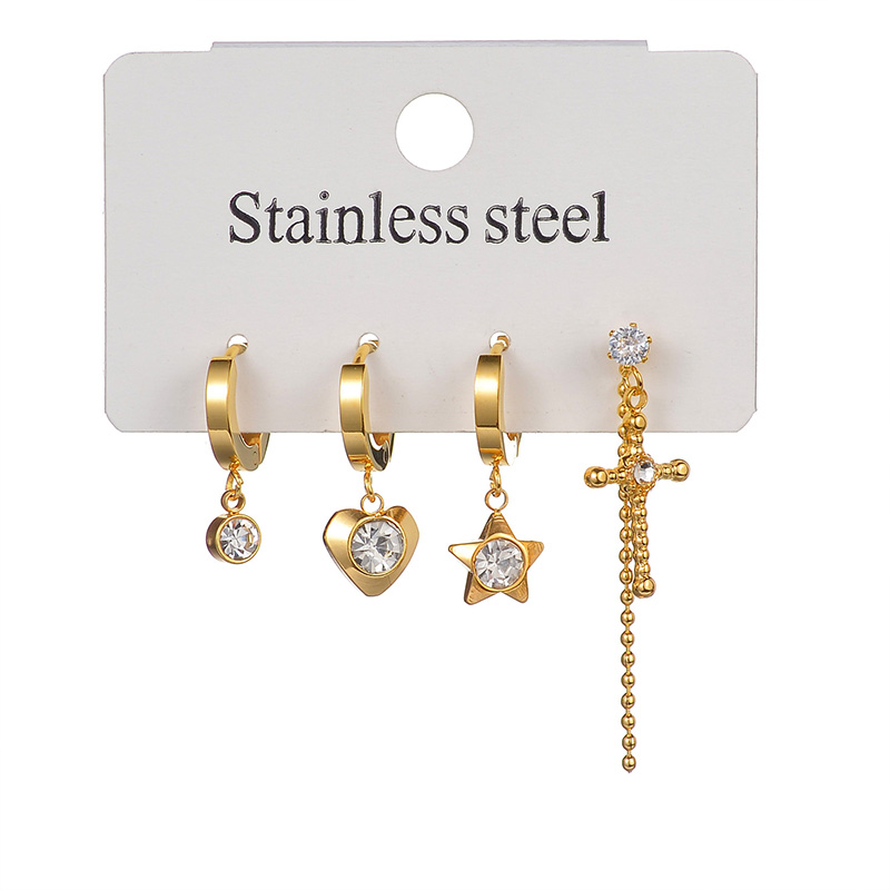 1 Set Casual Simple Style Commute Cross Star Heart Shape Plating Inlay 201 Stainless Steel 304 Stainless Steel Zircon 18K Gold Plated Drop Earrings display picture 4