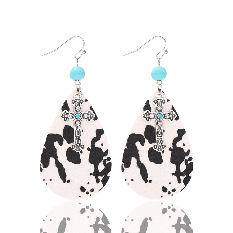 1 Pair Casual Pastoral Simple Style Cross Water Droplets Beaded Pu Leather Alloy Drop Earrings display picture 3