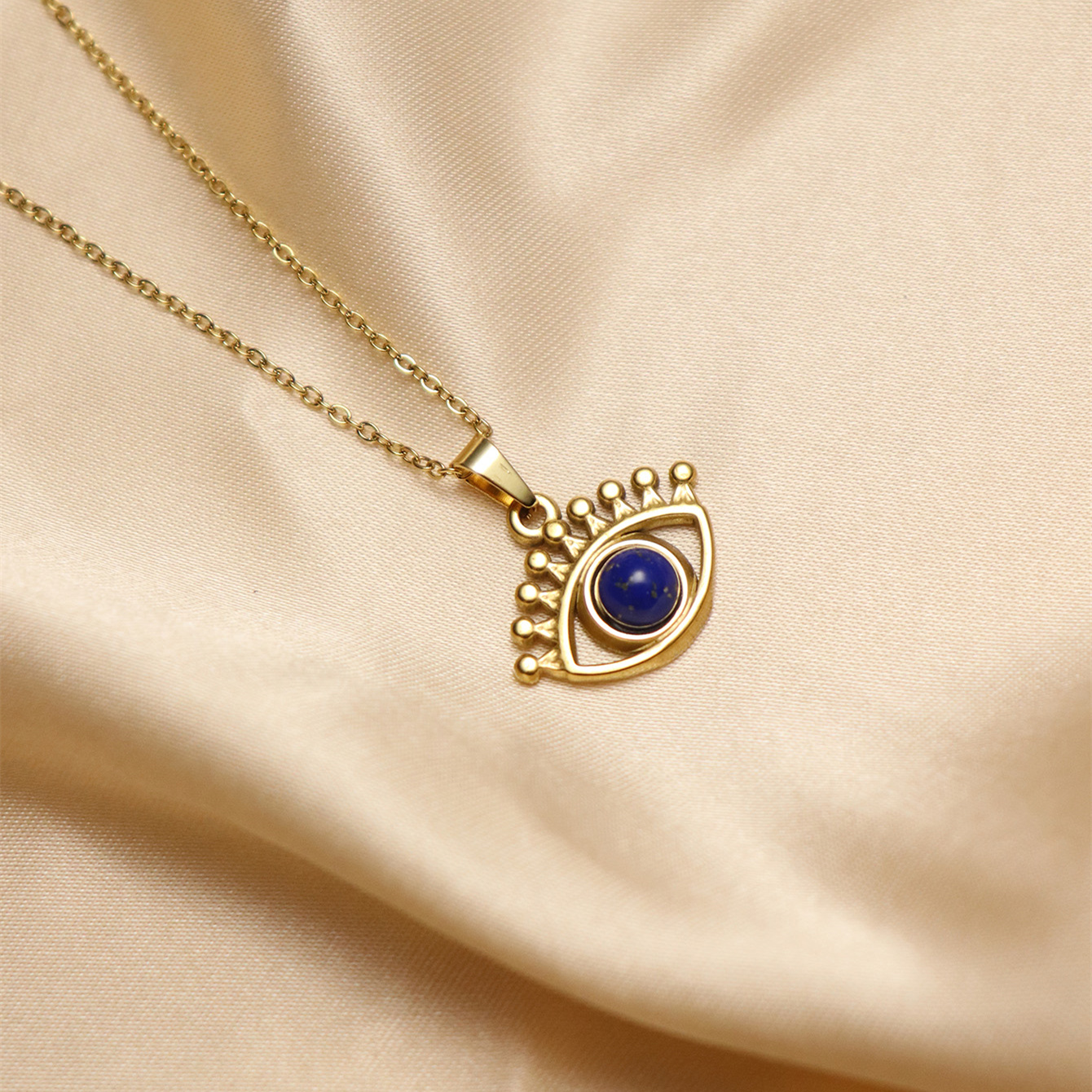 304 Stainless Steel 18K Gold Plated IG Style Inlay Devil's Eye Palm Natural Stone Pendant Necklace display picture 10