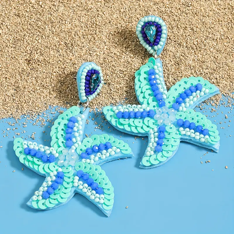 1 Pair Bohemian Classic Style Starfish Dolphin Beaded Inlay Plastic Seed Bead Rhinestones Drop Earrings display picture 3