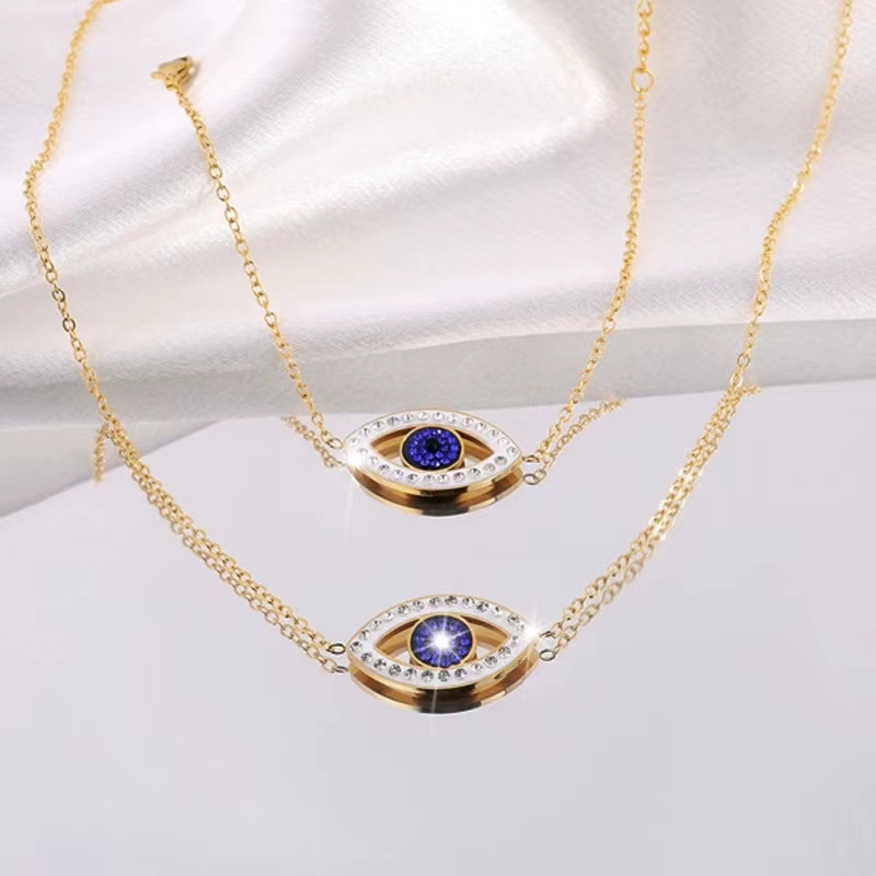 304 Stainless Steel 18K Gold Plated Basic Simple Style Classic Style Inlay Devil's Eye Rhinestones Bracelets Necklace display picture 6