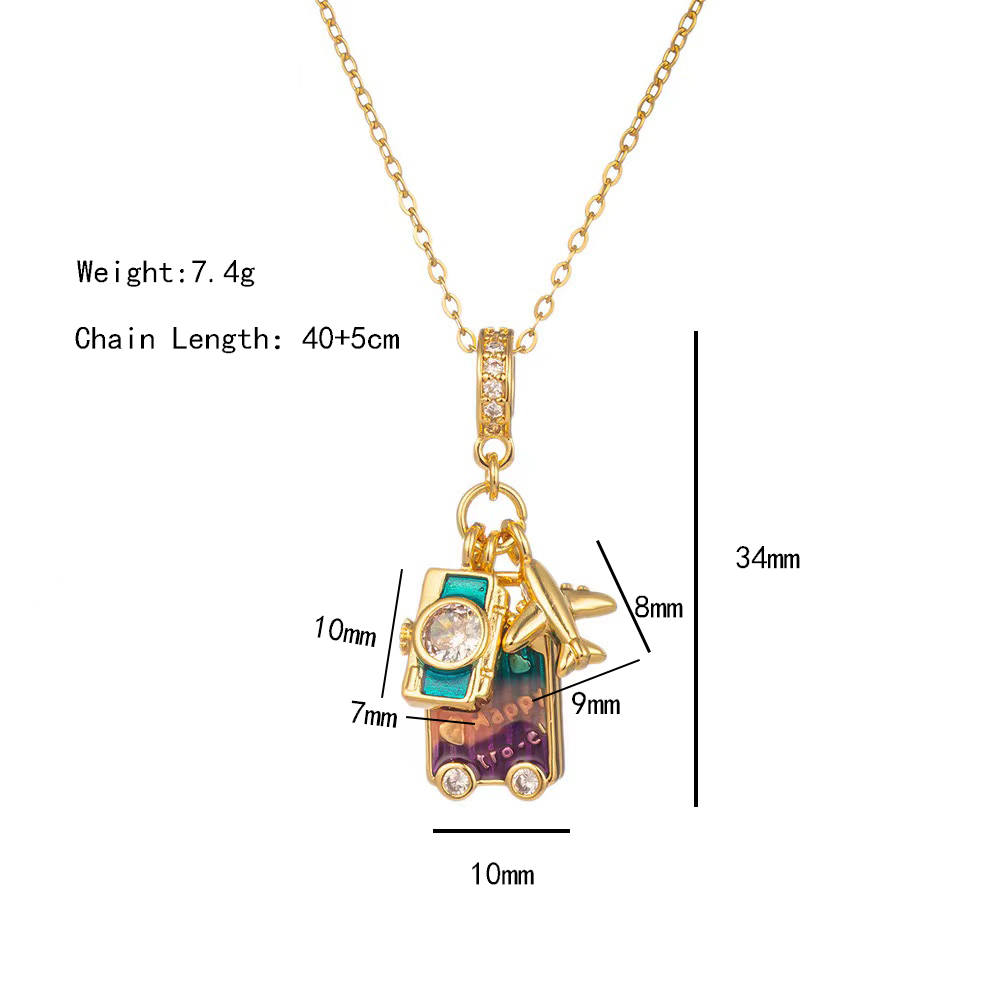 Wholesale Elegant Lady Camera Airplane 304 Stainless Steel Copper Enamel Hollow Out Inlay 18K Gold Plated K Gold Plated Zircon Pendant Necklace display picture 1