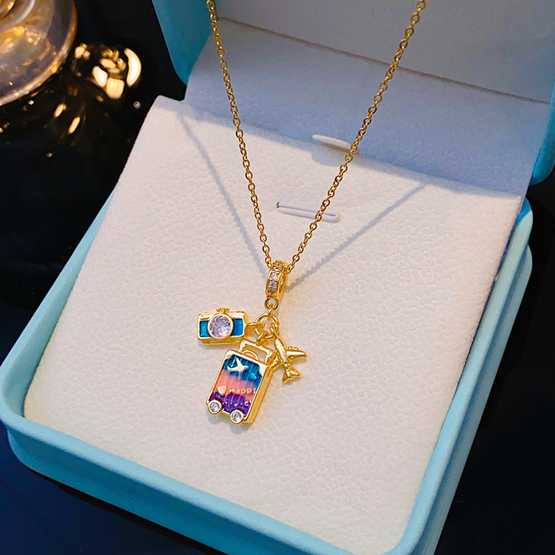 Wholesale Elegant Lady Camera Airplane 304 Stainless Steel Copper Enamel Hollow Out Inlay 18K Gold Plated K Gold Plated Zircon Pendant Necklace display picture 5
