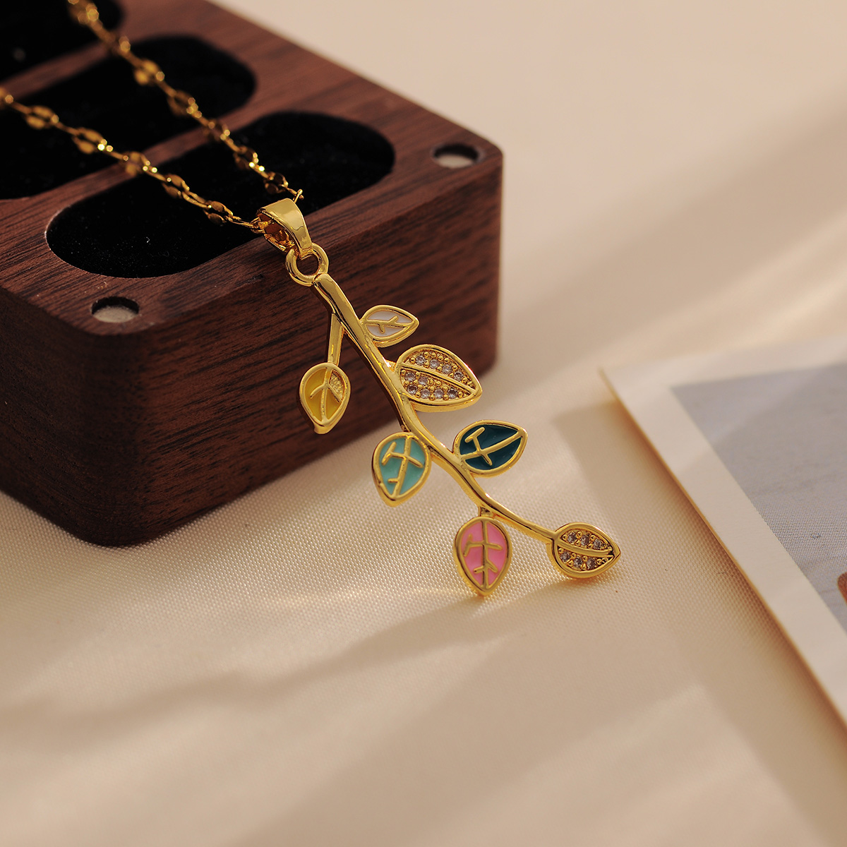 Wholesale Casual Simple Style Leaves Titanium Steel Copper Enamel Inlay 18K Gold Plated Zircon Pendant Necklace display picture 2