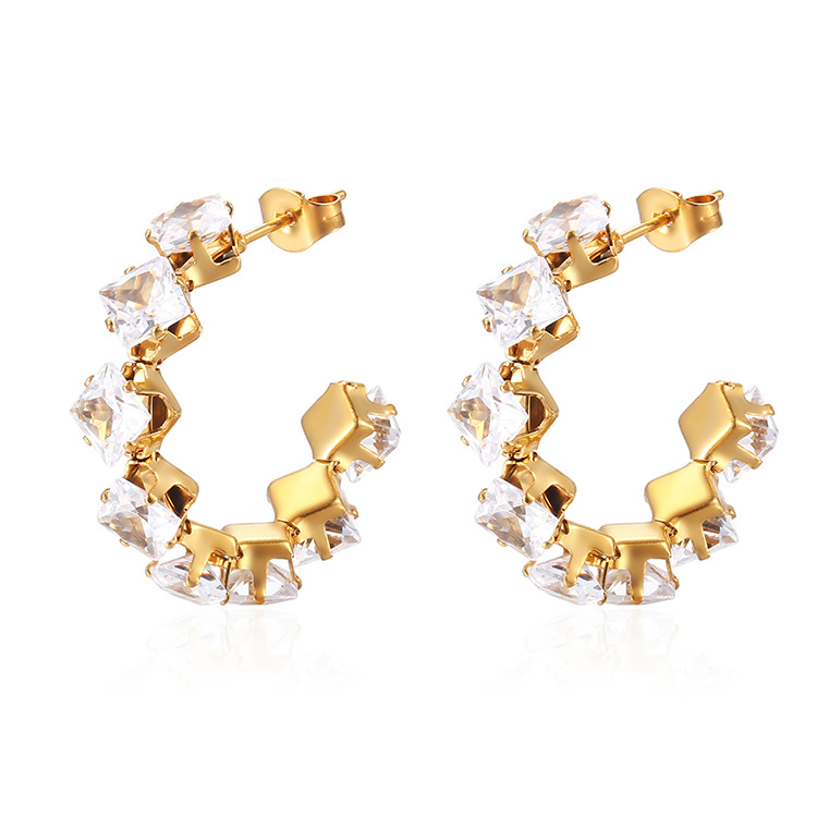 1 Pair IG Style Baroque Style Shiny C Shape Rhombus Inlay 316 Stainless Steel  Zircon 18K Gold Plated Ear Studs display picture 9
