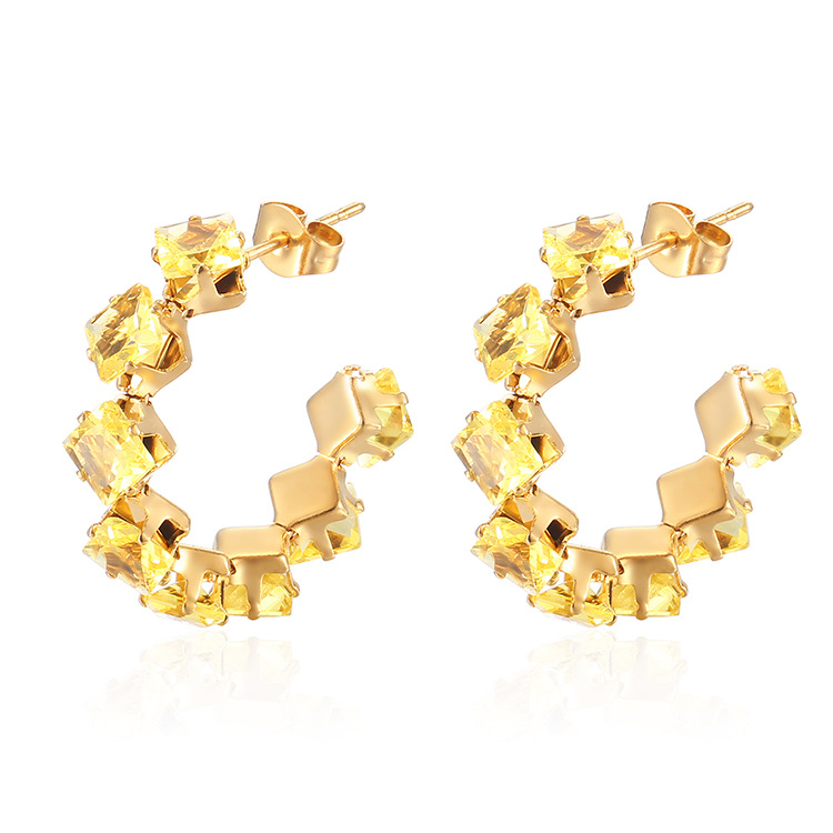 1 Pair IG Style Baroque Style Shiny C Shape Rhombus Inlay 316 Stainless Steel  Zircon 18K Gold Plated Ear Studs display picture 8