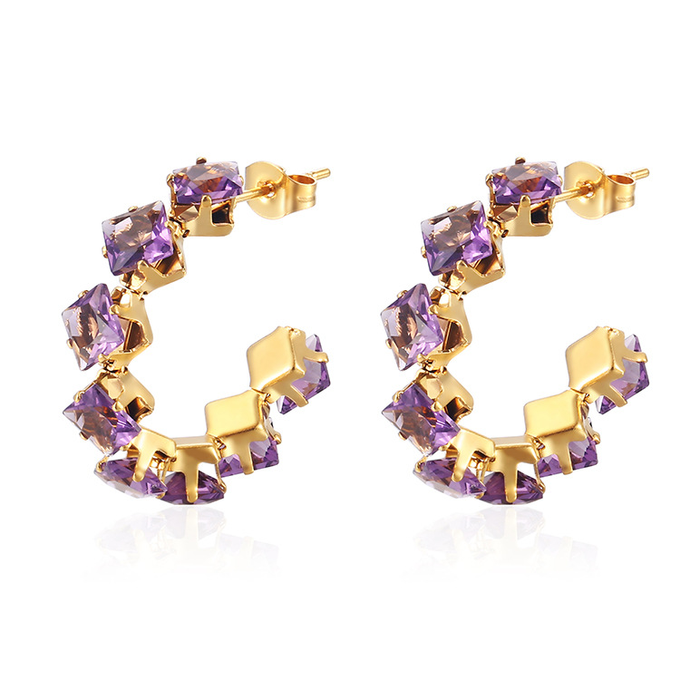 1 Pair IG Style Baroque Style Shiny C Shape Rhombus Inlay 316 Stainless Steel  Zircon 18K Gold Plated Ear Studs display picture 10