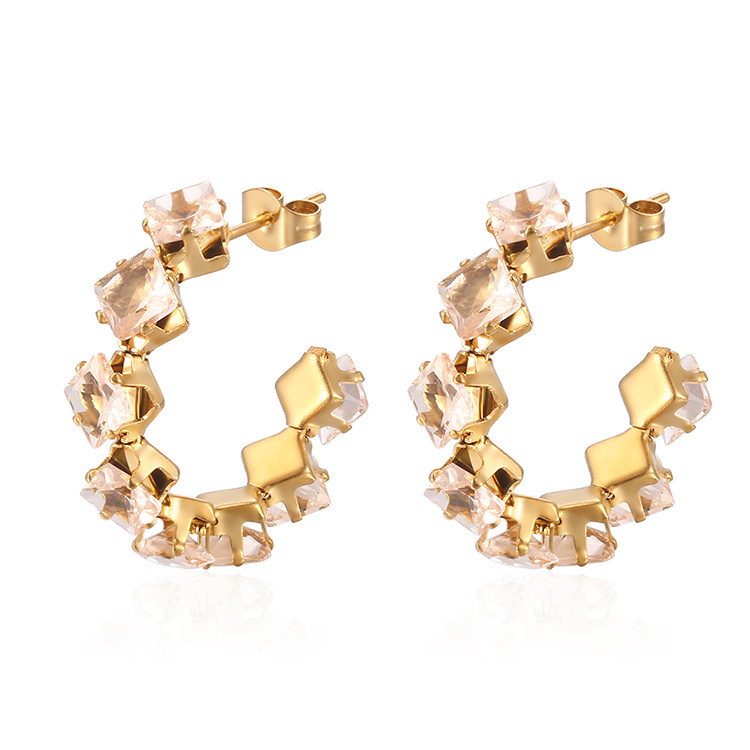 1 Pair IG Style Baroque Style Shiny C Shape Rhombus Inlay 316 Stainless Steel  Zircon 18K Gold Plated Ear Studs display picture 7