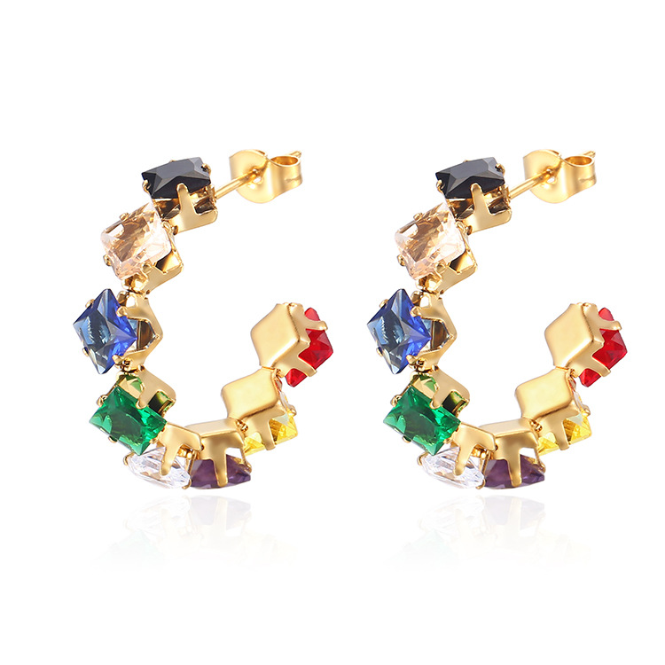 1 Pair IG Style Baroque Style Shiny C Shape Rhombus Inlay 316 Stainless Steel  Zircon 18K Gold Plated Ear Studs display picture 5