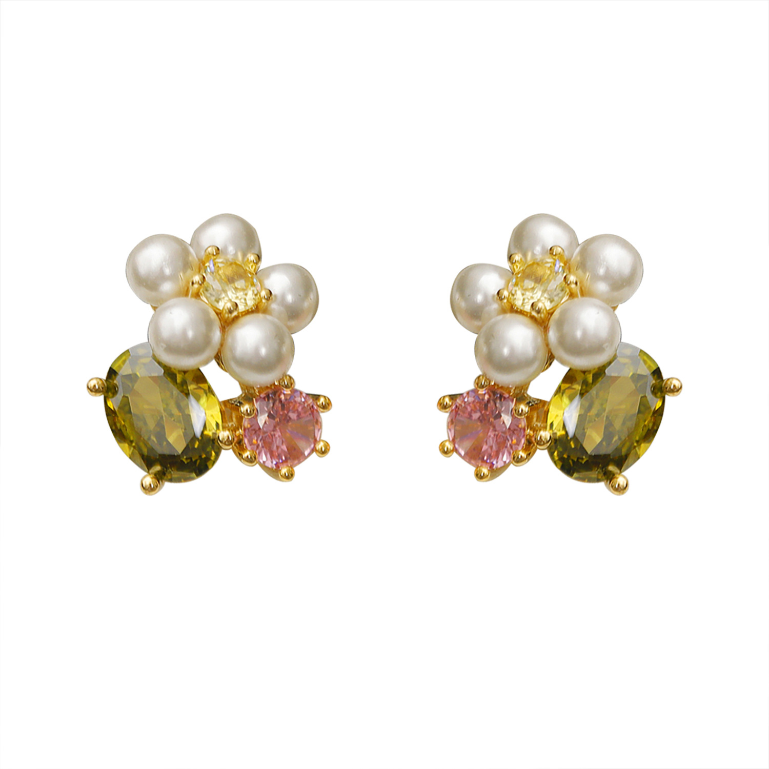 1 Pair Cute Pastoral Flower Plating Inlay Copper Imitation Pearl Rhinestones 18K Gold Plated Ear Studs display picture 1