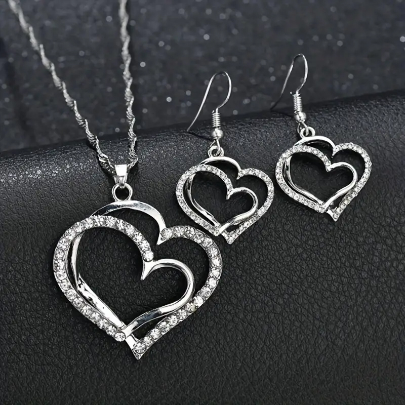 Sweet Shiny Double Heart Artificial Diamond Alloy Wholesale Jewelry Set display picture 1
