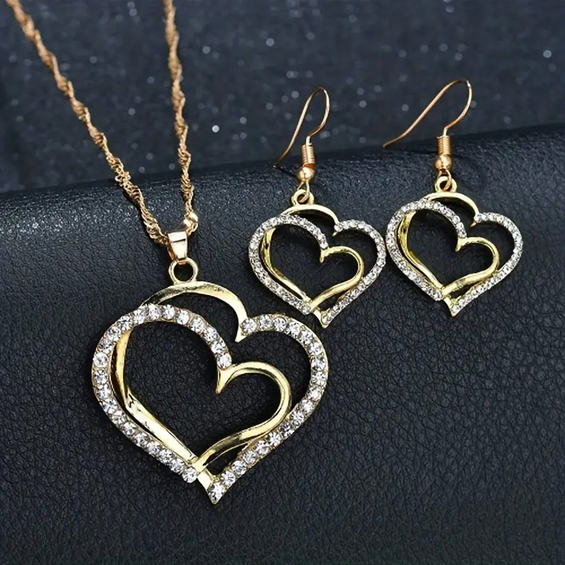 Sweet Shiny Double Heart Artificial Diamond Alloy Wholesale Jewelry Set display picture 7