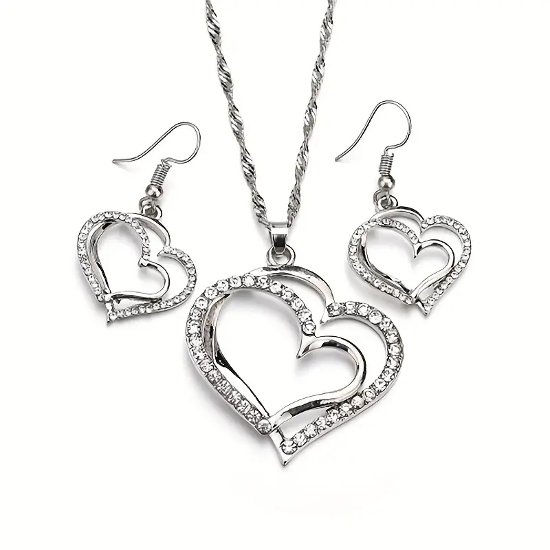 Sweet Shiny Double Heart Artificial Diamond Alloy Wholesale Jewelry Set display picture 2