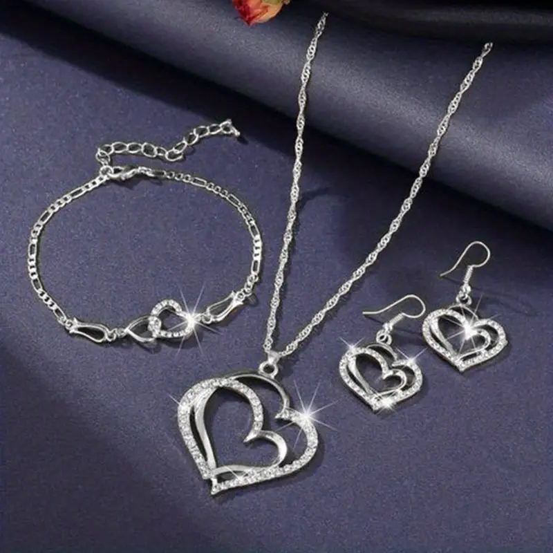 Sweet Shiny Double Heart Artificial Diamond Alloy Wholesale Jewelry Set display picture 4