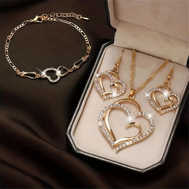 Sweet Shiny Double Heart Artificial Diamond Alloy Wholesale Jewelry Set display picture 6