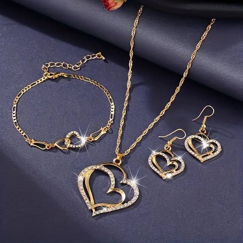 Sweet Shiny Double Heart Artificial Diamond Alloy Wholesale Jewelry Set display picture 5