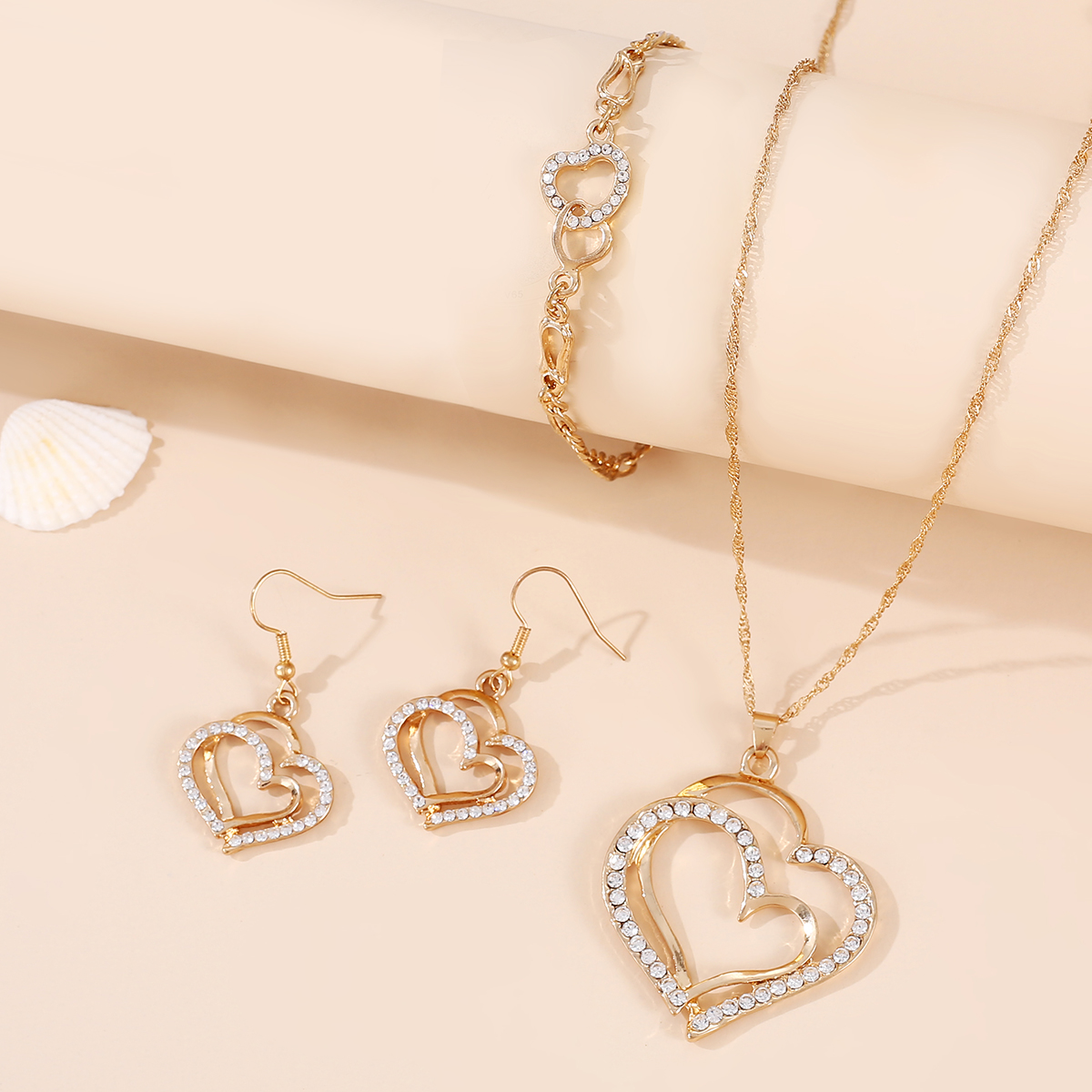 Sucré Brillant Double Coeur Diamant Artificiel Alliage De Gros Ensemble De Bijoux display picture 8