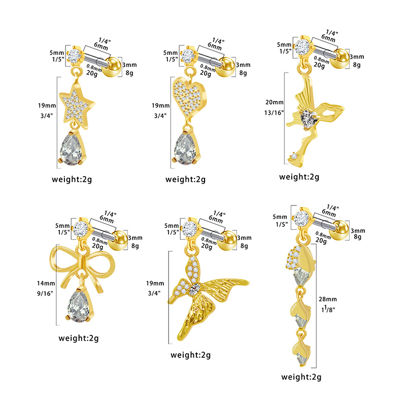 1 Piece Glam Shiny Star Bow Knot Plating Inlay 316 Stainless Steel  Copper Rhinestones Glass Zircon Gold Plated Cartilage Earrings display picture 6
