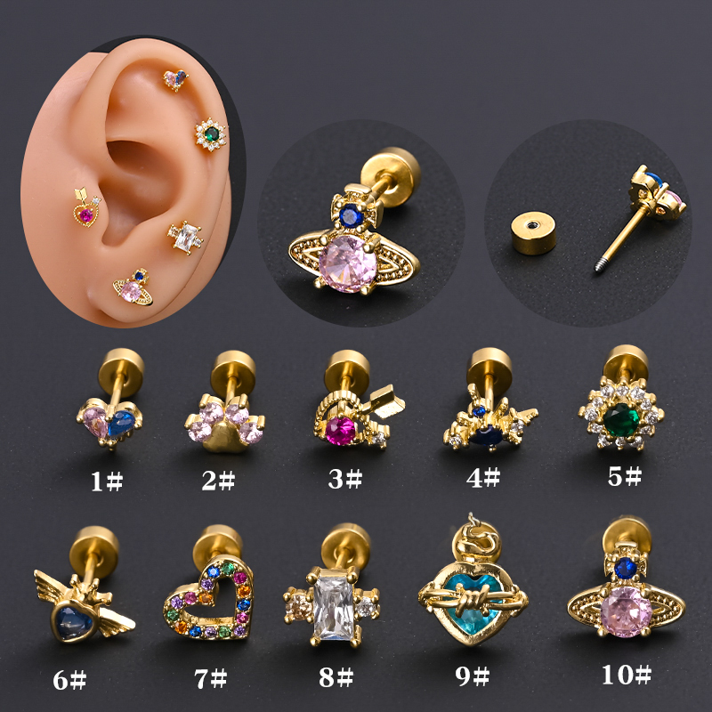 1 Piece Ear Cartilage Rings & Studs Simple Style Classic Style Heart Shape 316 Stainless Steel  Copper Polishing Inlay Diamond 18K Gold Plated Ear Cartilage Rings & Studs display picture 1