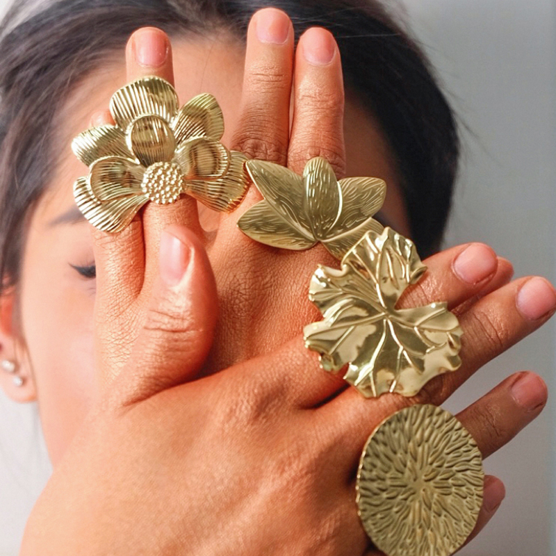 304 Stainless Steel 14K Gold Plated IG Style Sweet Plating Round Flower Open Rings display picture 1