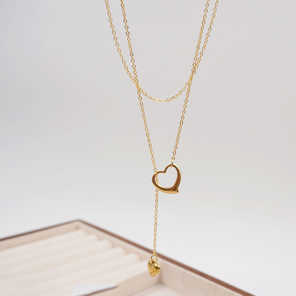 304 Stainless Steel Titanium Steel Gold Plated IG Style Casual Simple Style Handmade Hollow Out Heart Shape Double Layer Necklaces display picture 5