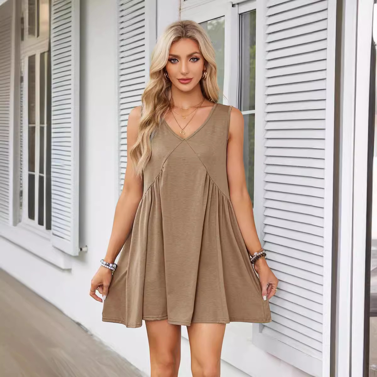 Women's Tea Dress Simple Style V Neck Ruched Sleeveless Solid Color Above Knee Holiday Travel Daily display picture 28
