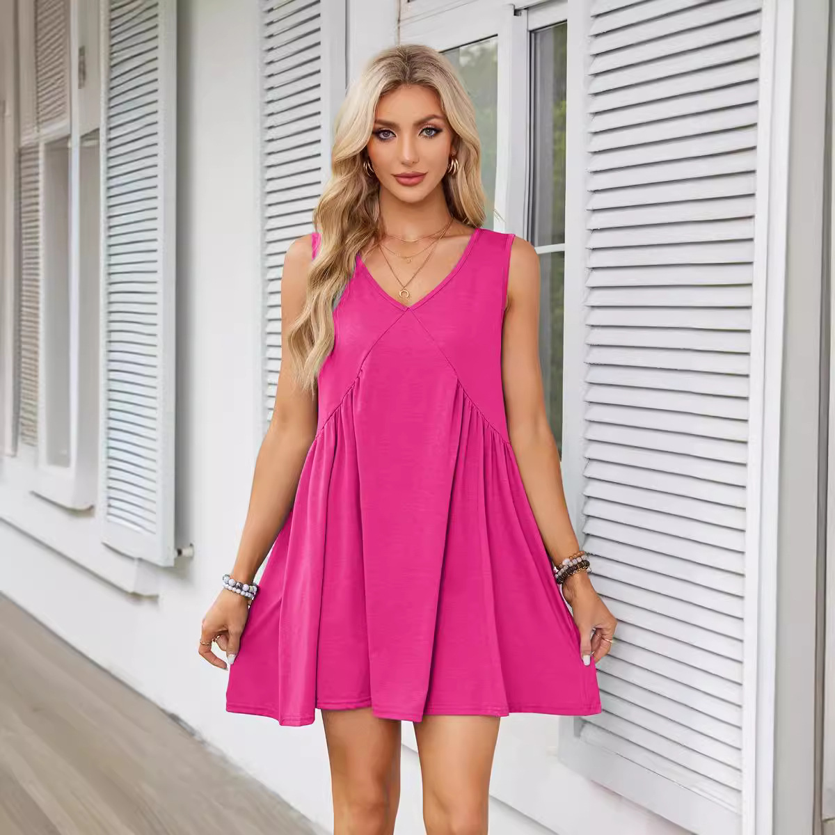 Women's Tea Dress Simple Style V Neck Ruched Sleeveless Solid Color Above Knee Holiday Travel Daily display picture 24