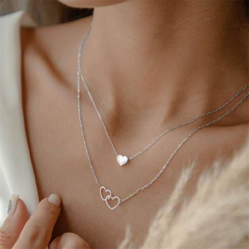 French Style Sweet Korean Style Double Heart Heart Shape Alloy Women's Double Layer Necklaces display picture 1