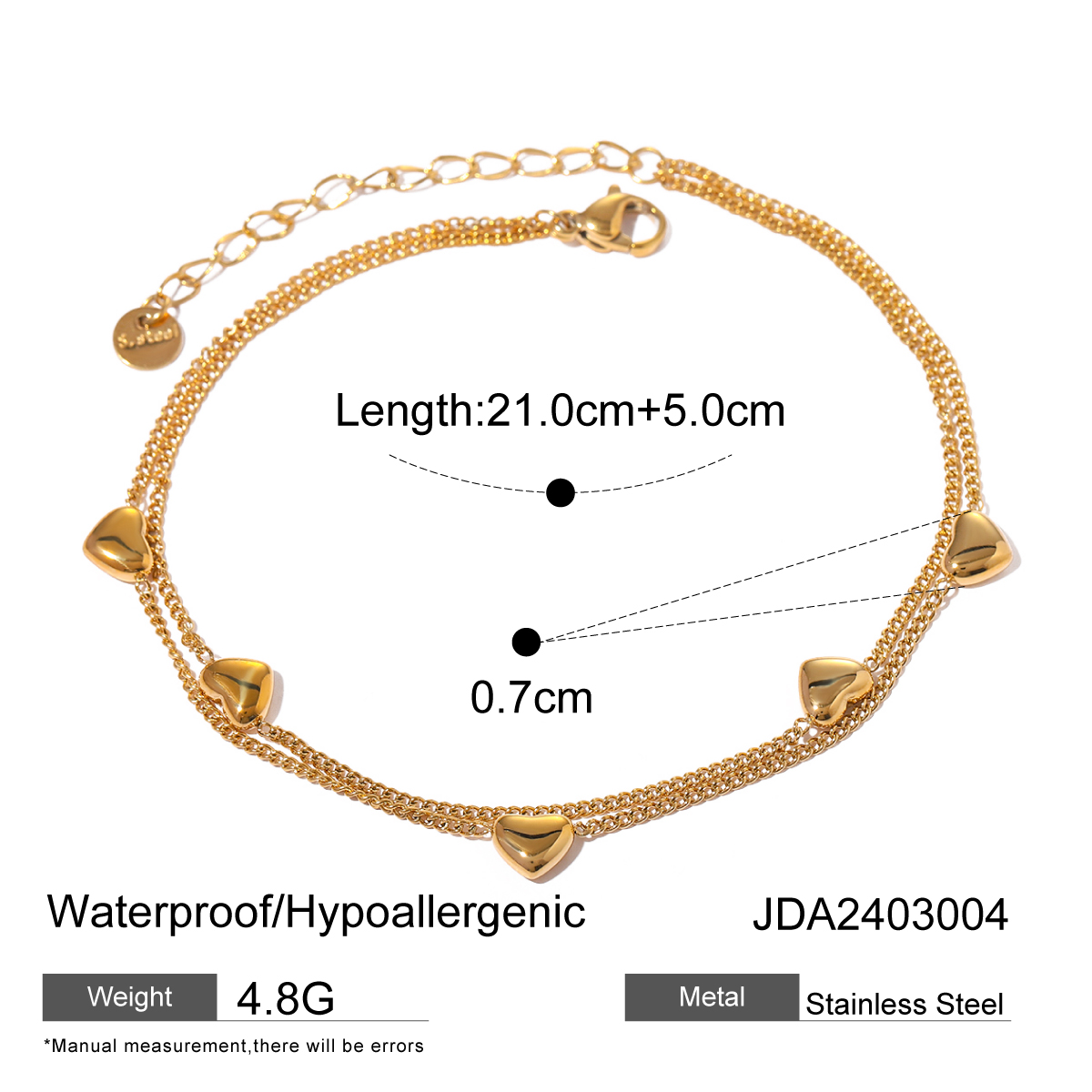 IG Style Hawaiian Heart Shape Solid Color 304 Stainless Steel Plating 16K Gold Plated Women's Anklet display picture 2