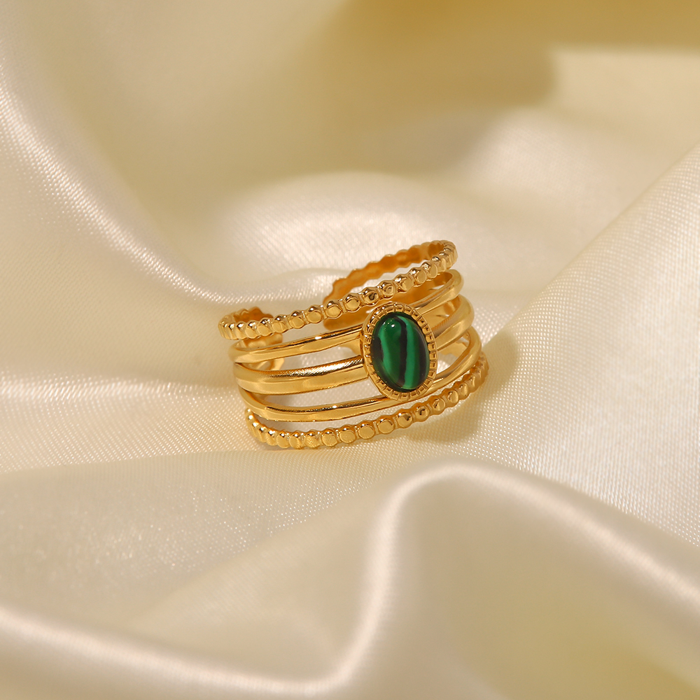 304 Stainless Steel 18K Gold Plated IG Style Inlay Geometric Natural Stone Malachite Open Rings display picture 10