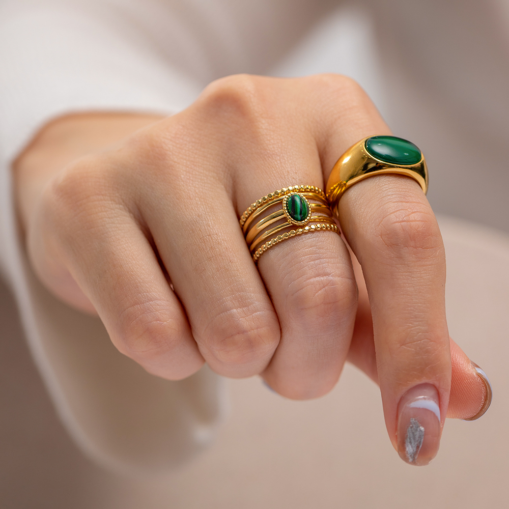 304 Stainless Steel 18K Gold Plated IG Style Inlay Geometric Natural Stone Malachite Open Rings display picture 7