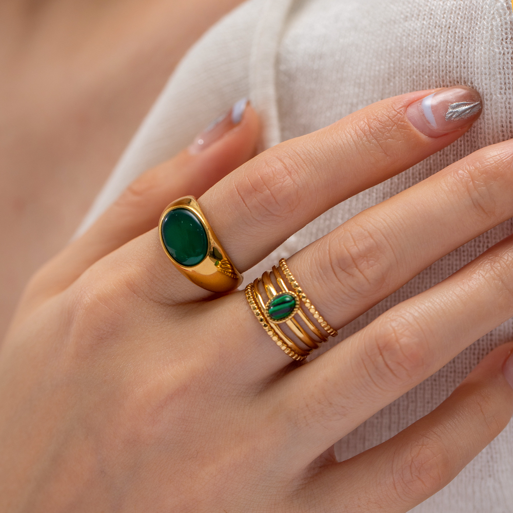 304 Stainless Steel 18K Gold Plated IG Style Inlay Geometric Natural Stone Malachite Open Rings display picture 5