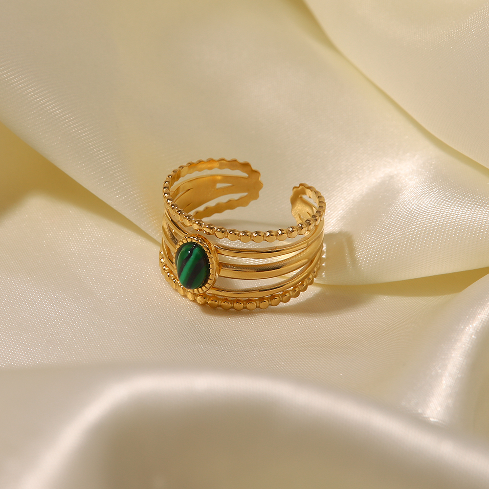 304 Stainless Steel 18K Gold Plated IG Style Inlay Geometric Natural Stone Malachite Open Rings display picture 11