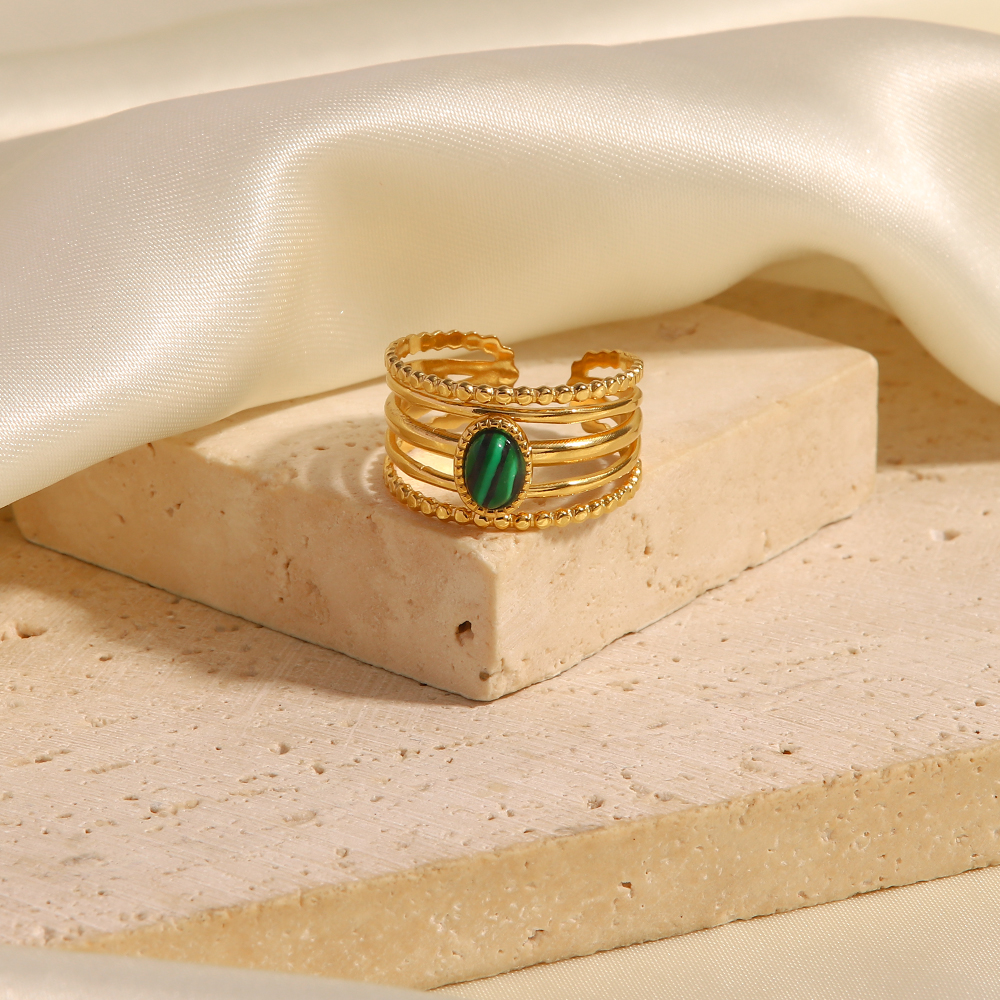 304 Stainless Steel 18K Gold Plated IG Style Inlay Geometric Natural Stone Malachite Open Rings display picture 12
