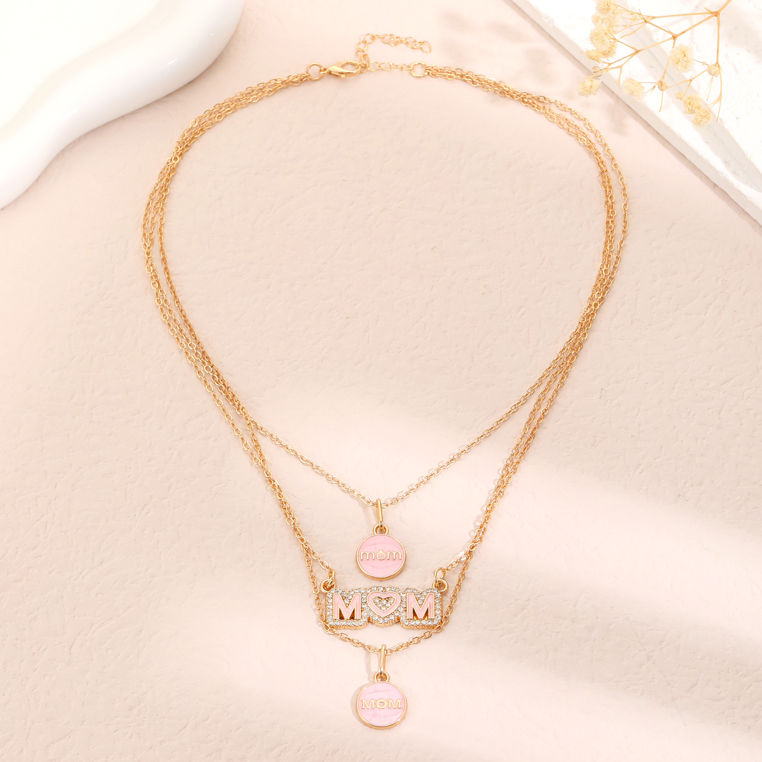 MAMA Simple Style Round Letter Alloy Enamel Inlay Rhinestones Mother'S Day Women's Layered Necklaces display picture 4