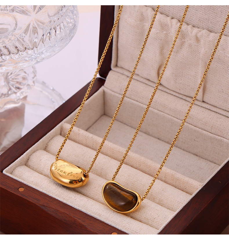 304 Stainless Steel 18K Gold Plated Retro British Style Plating Inlay Oval Pea Natural Stone Tiger Eye Pendant Necklace display picture 5