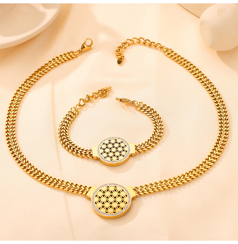 304 Stainless Steel 18K Gold Plated Casual Simple Style Commute Plating Hollow Out Inlay Round Flower Rhinestones Bracelets Necklace Jewelry Set display picture 1