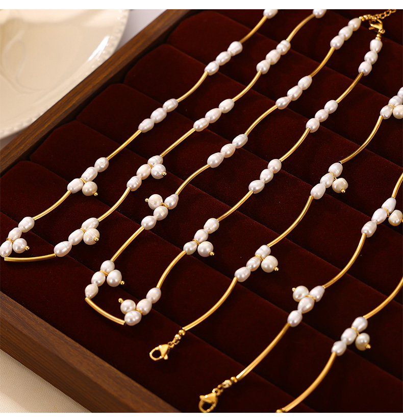 304 Stainless Steel Freshwater Pearl 18K Gold Plated IG Style French Style Simple Style Beaded Oval Bracelets Necklace display picture 2