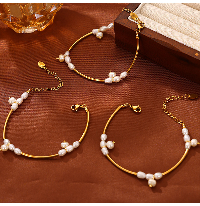 304 Stainless Steel Freshwater Pearl 18K Gold Plated IG Style French Style Simple Style Beaded Oval Bracelets Necklace display picture 1