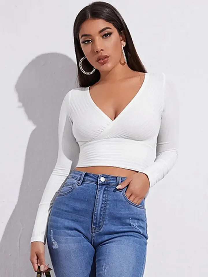 Women's Wrap Crop Top Long Sleeve Blouses V-Opening Casual Simple Solid Color display picture 1